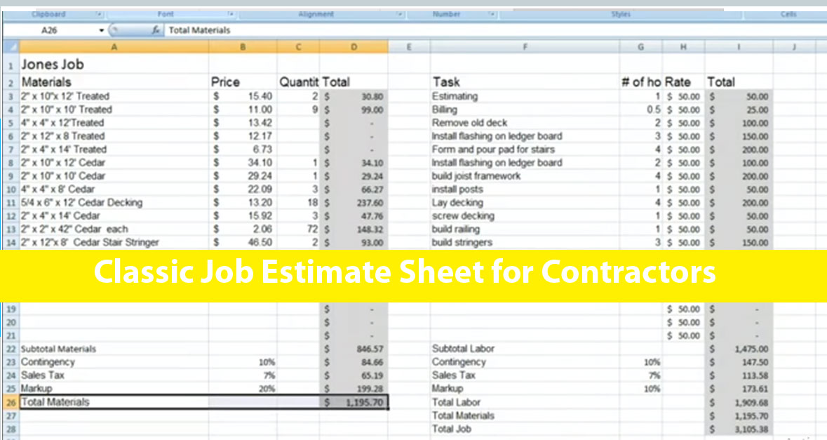 Classic Job Estimate Sheet for Contractors