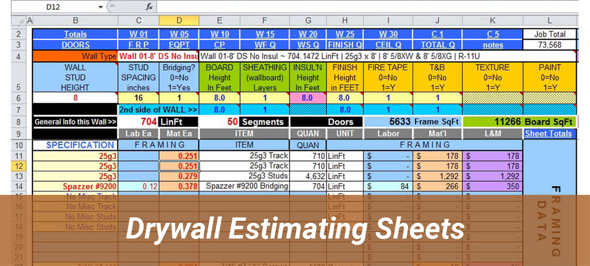 Drywall Estimating Sheets